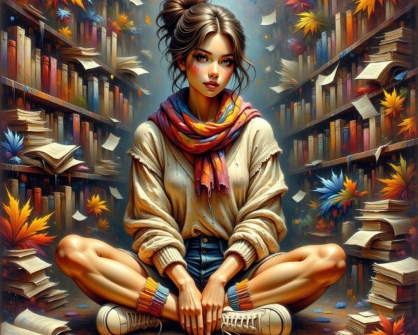 Cozy Library Scene with Young Woman and Books