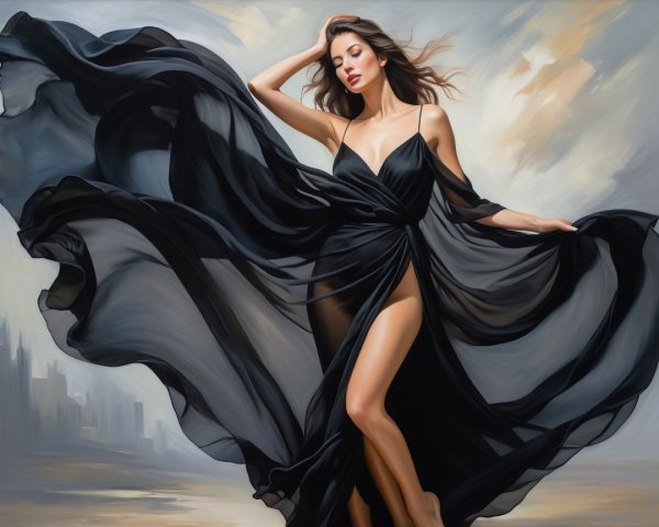 Elegant Woman in Sheer Black Dress with Dreamy Background