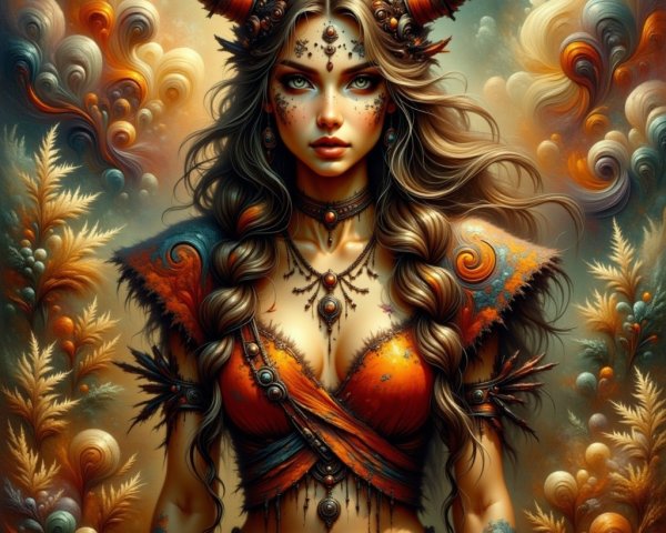 Fantasy Portrait of a Horned Woman in Vibrant Attire