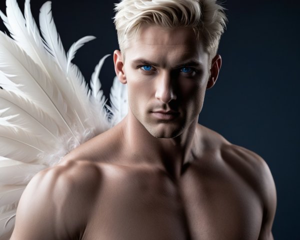Portrait of a muscular man with feathered wings