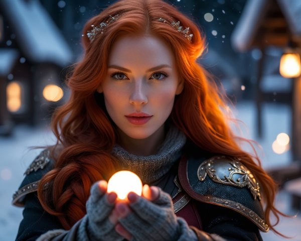 Woman with Red Hair in Snowy Village Holding Orb
