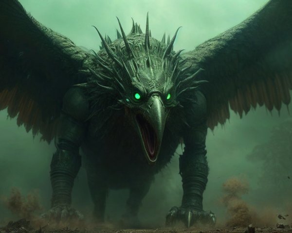 Colossal Bird-Like Creature in Eerie Landscape