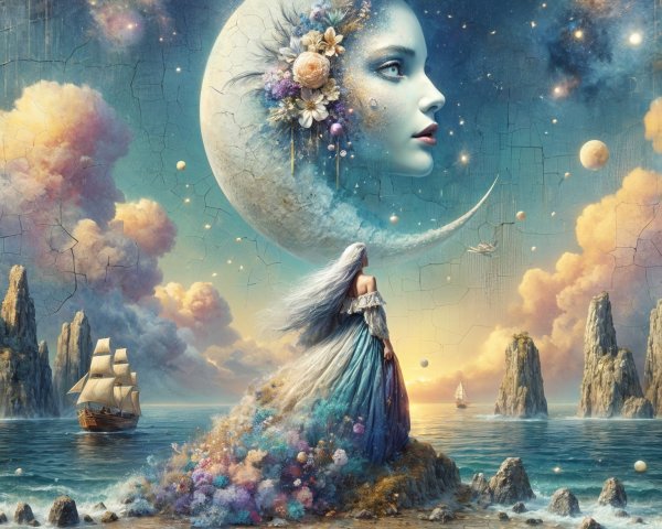 Celestial Woman and Dreamy Landscape with Ocean Scene