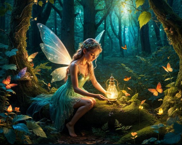 Fairy in Enchanted Forest with Glowing Lantern