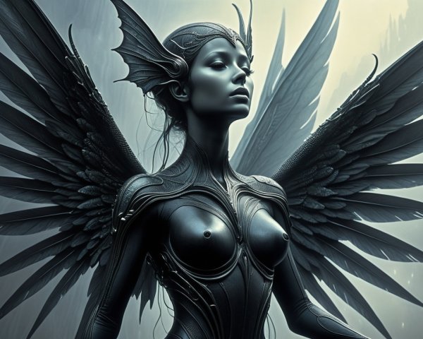 Majestic Figure with Elongated Wings in Futuristic Setting
