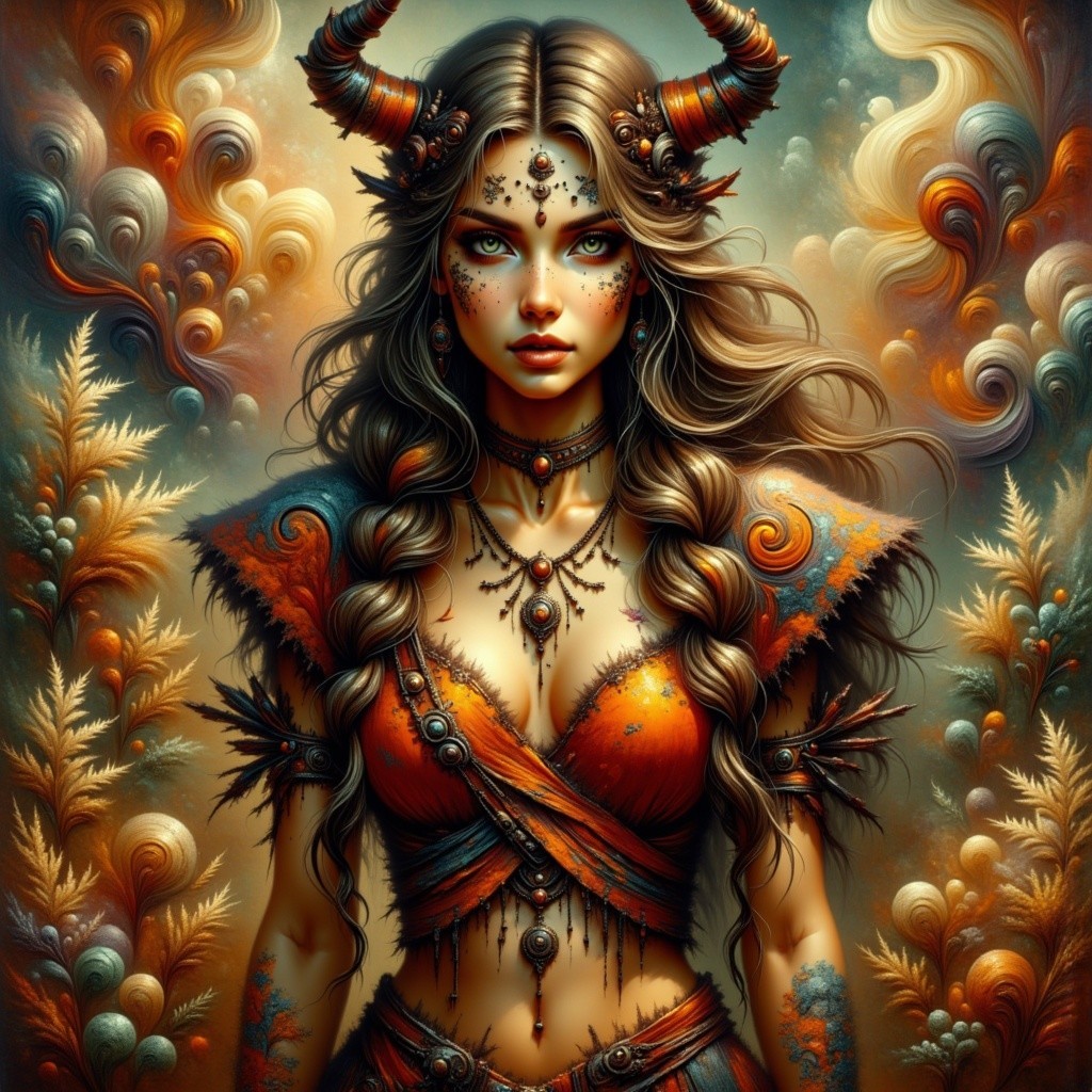 Fantasy Portrait of a Horned Woman in Vibrant Attire