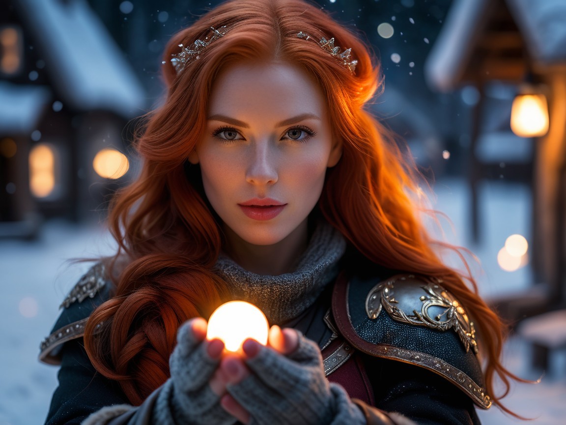 Woman with Red Hair in Snowy Village Holding Orb