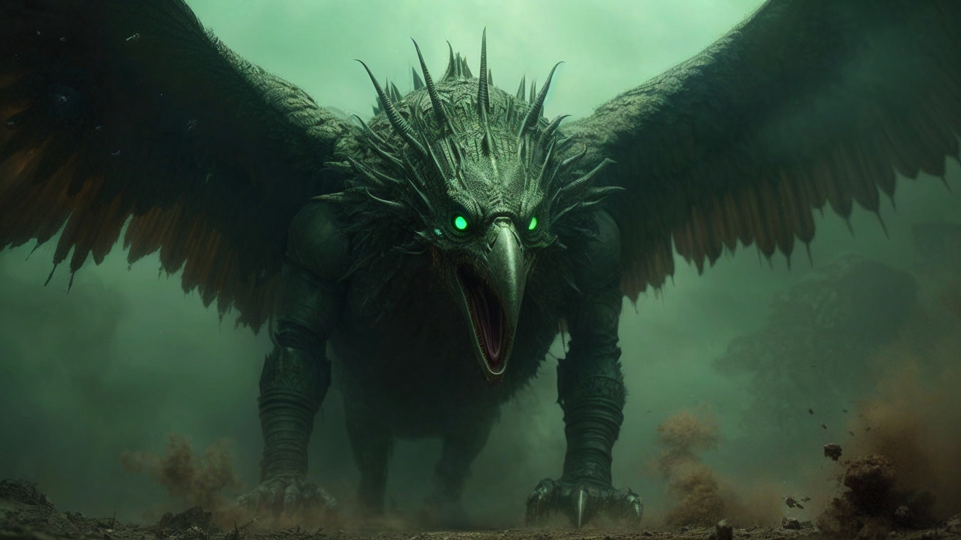 Colossal Bird-Like Creature in Eerie Landscape