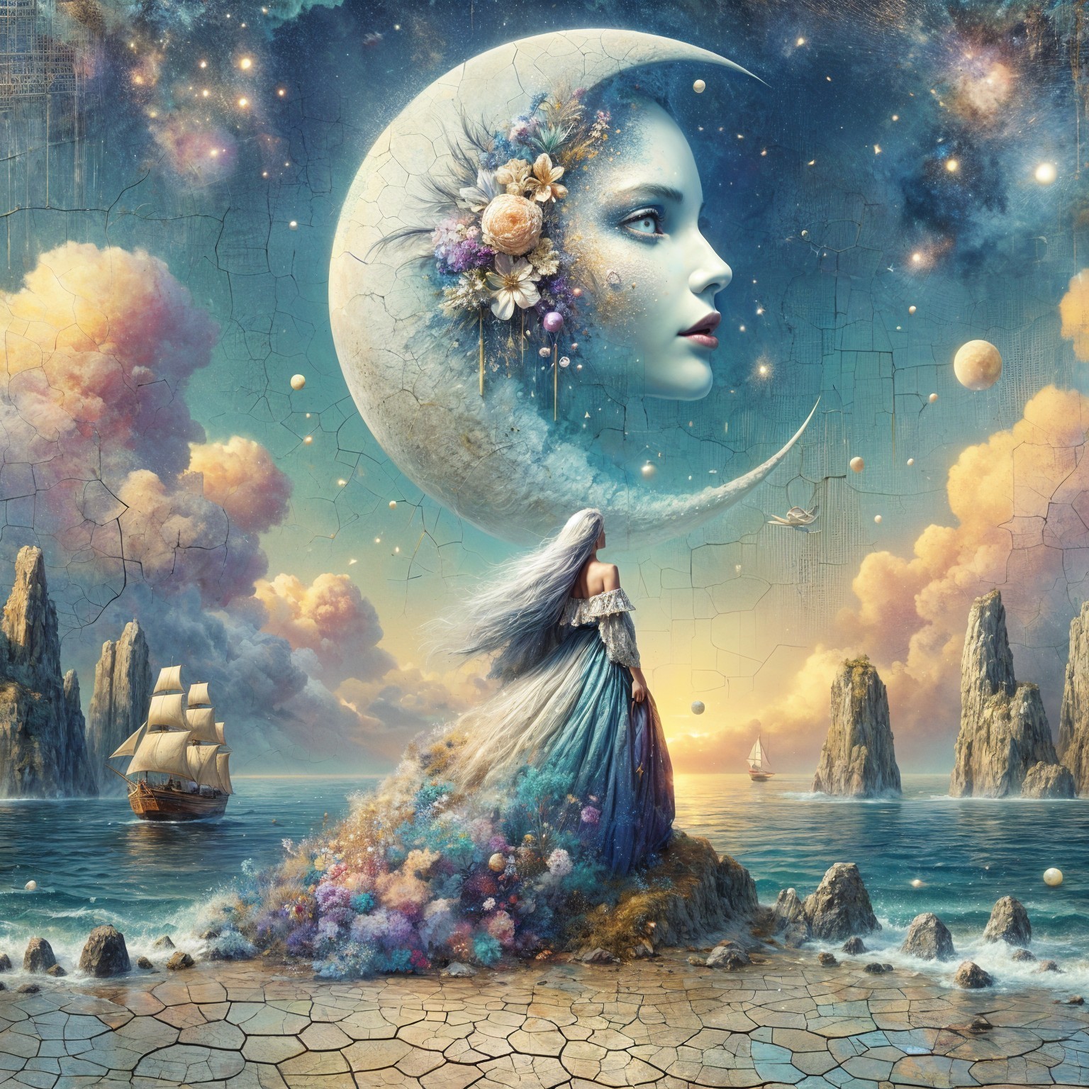 Celestial Woman and Dreamy Landscape with Ocean Scene