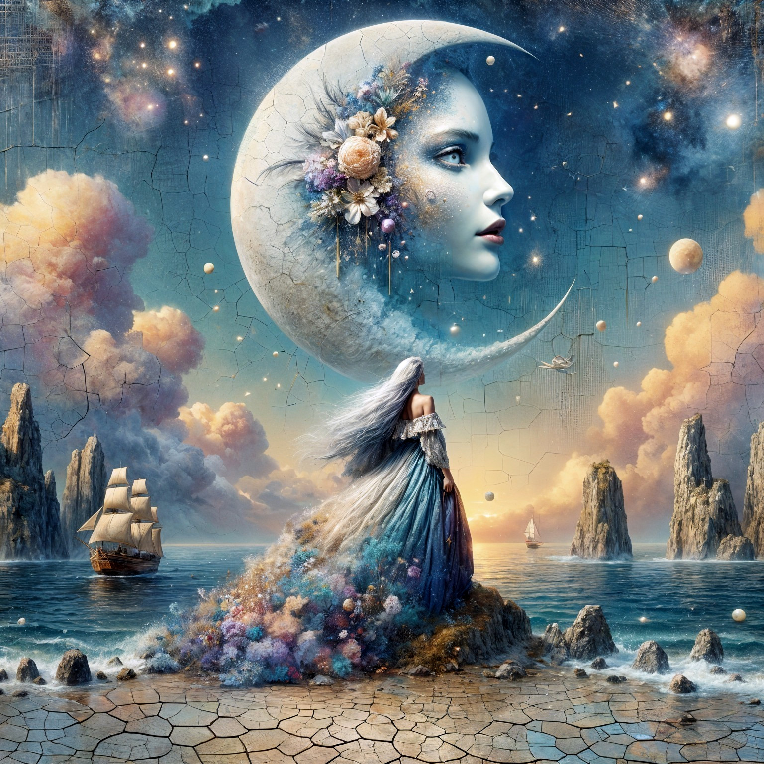 Celestial Woman and Dreamy Landscape with Ocean Scene