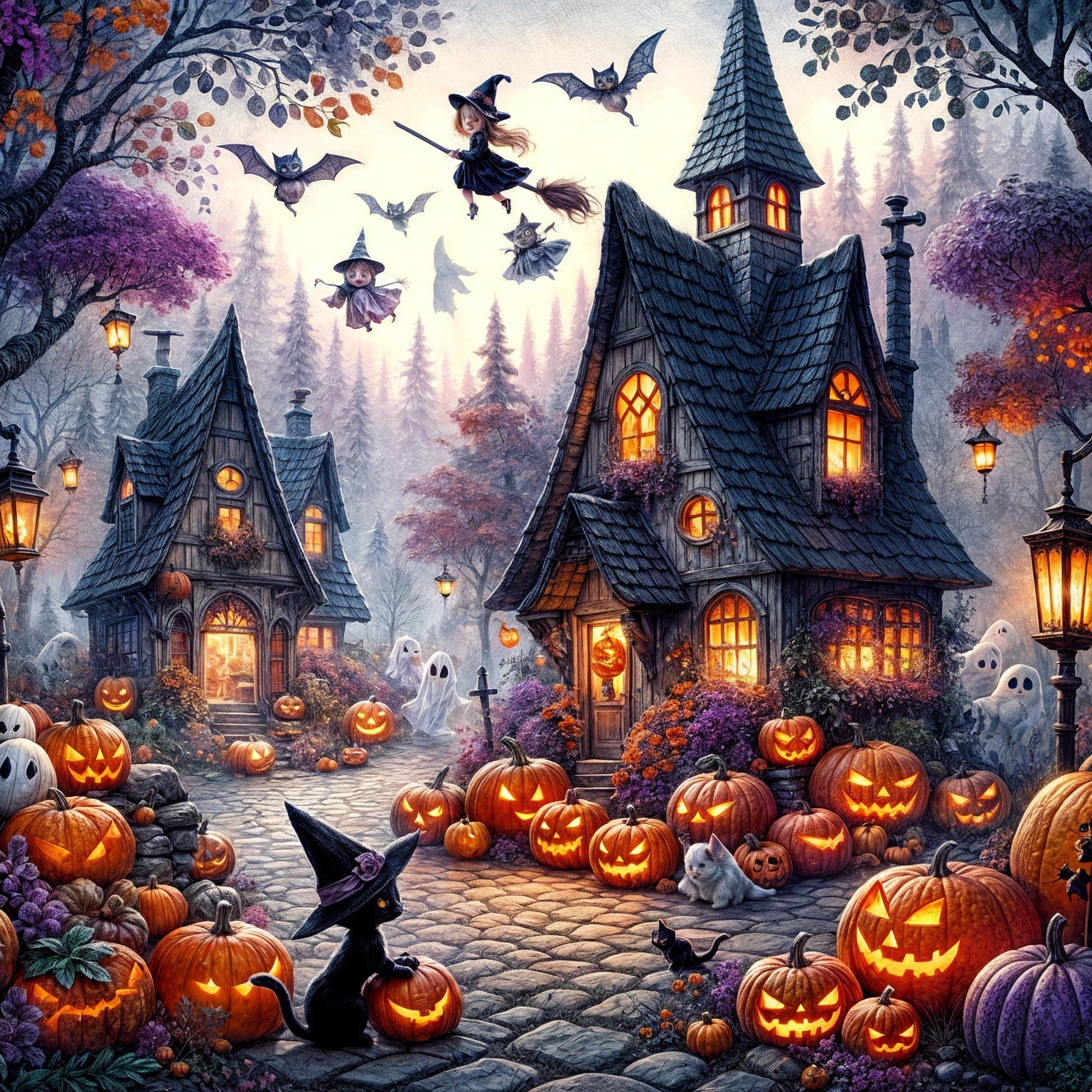 Whimsical Halloween Village in Pastel Hues
