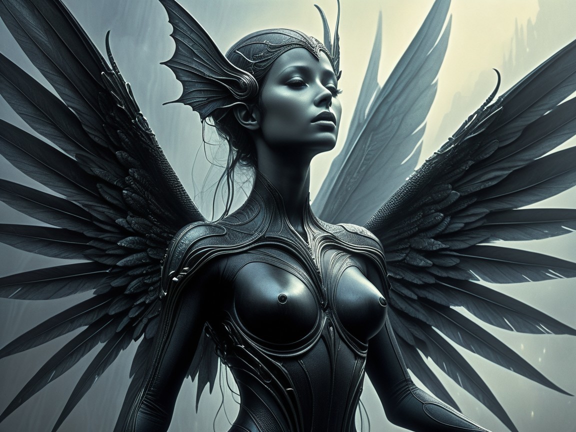 Majestic Figure with Elongated Wings in Futuristic Setting