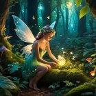 Fairy in Enchanted Forest with Glowing Lantern