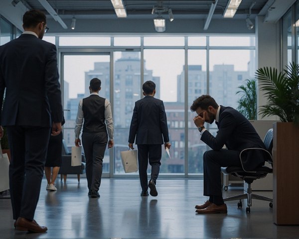 Despair in a Modern Office Setting with Cityscape Views