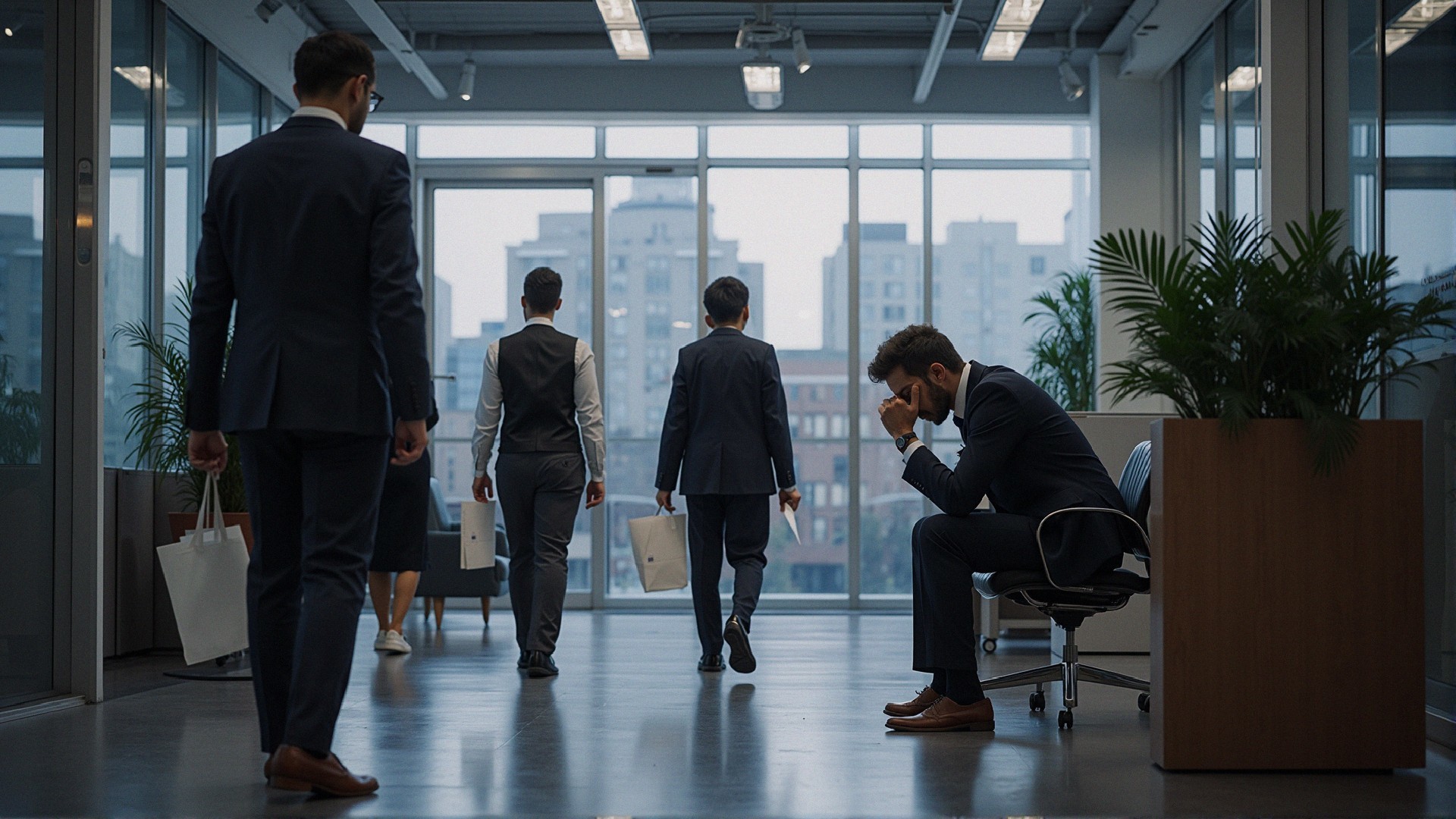 Despair in a Modern Office Setting with Cityscape Views