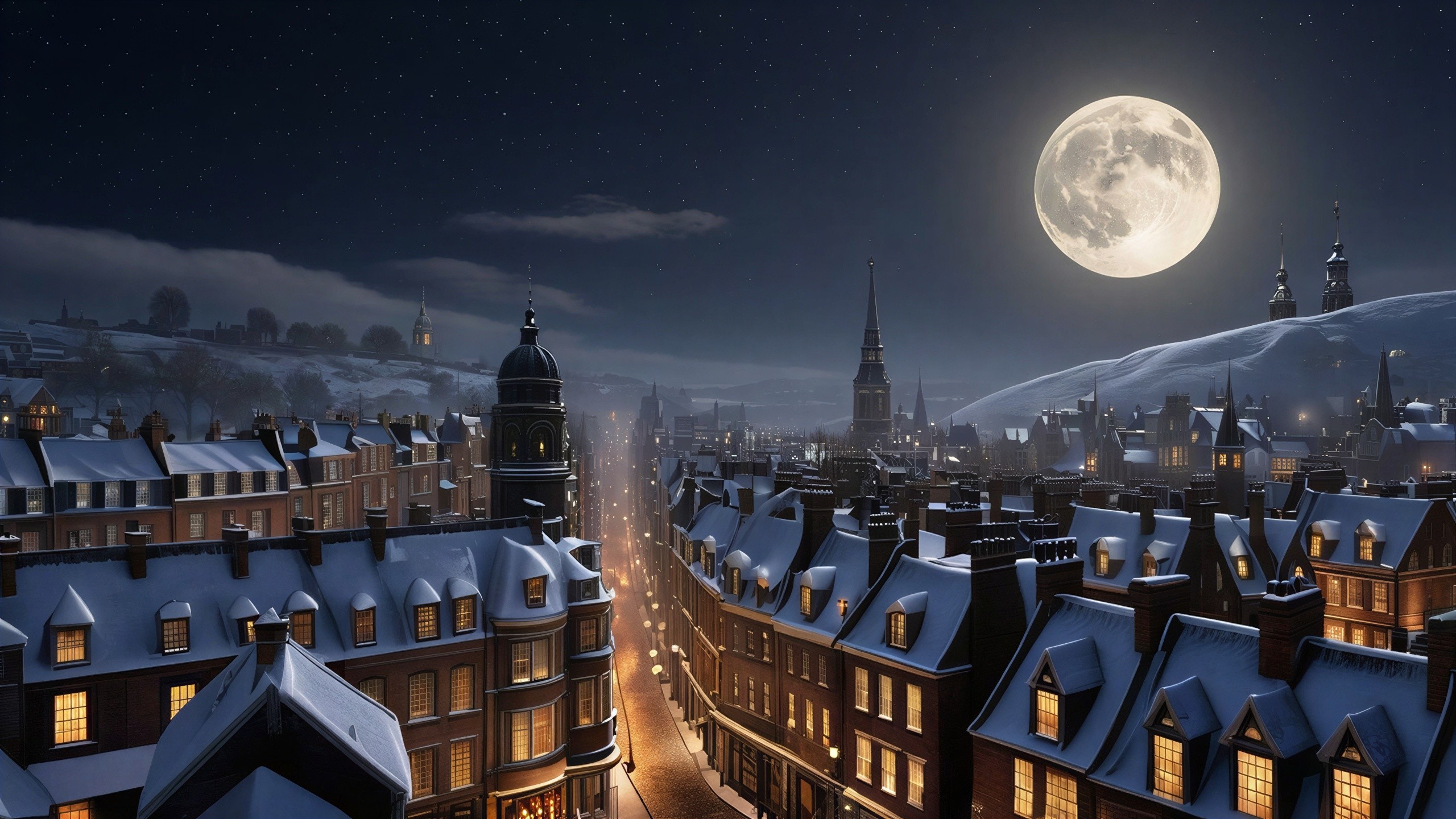 Aerial Night View of Snow-Covered European Town