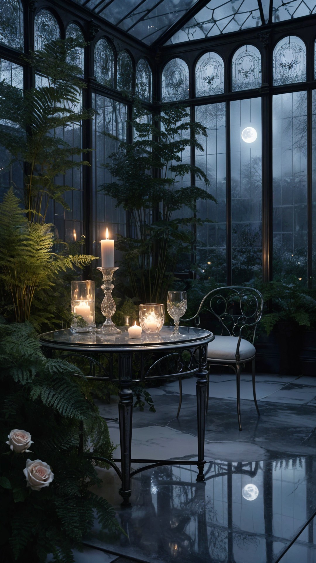 Serene Greenhouse with Lush Plants and Candlelit Table
