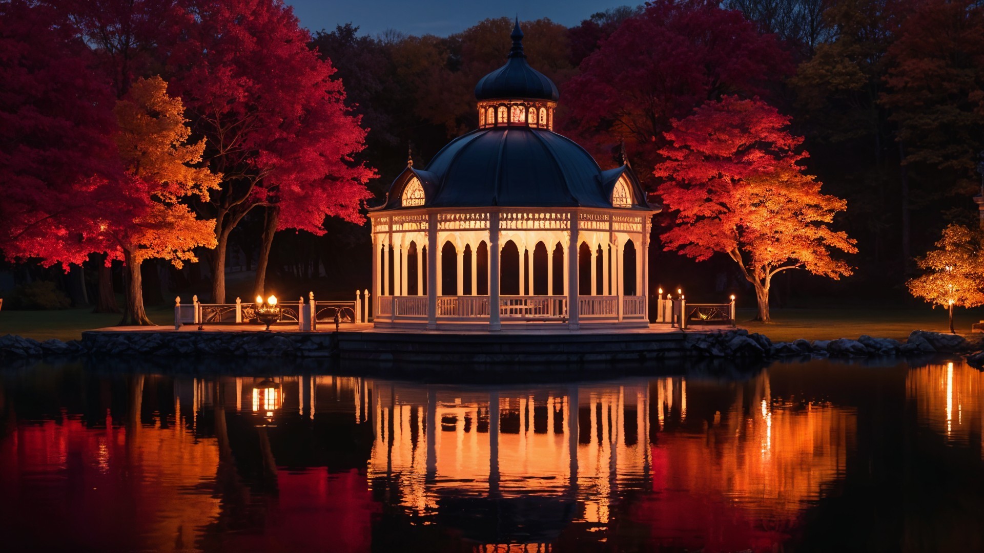 Illuminated Gazebo by Autumn-Foliaged Water's Edge