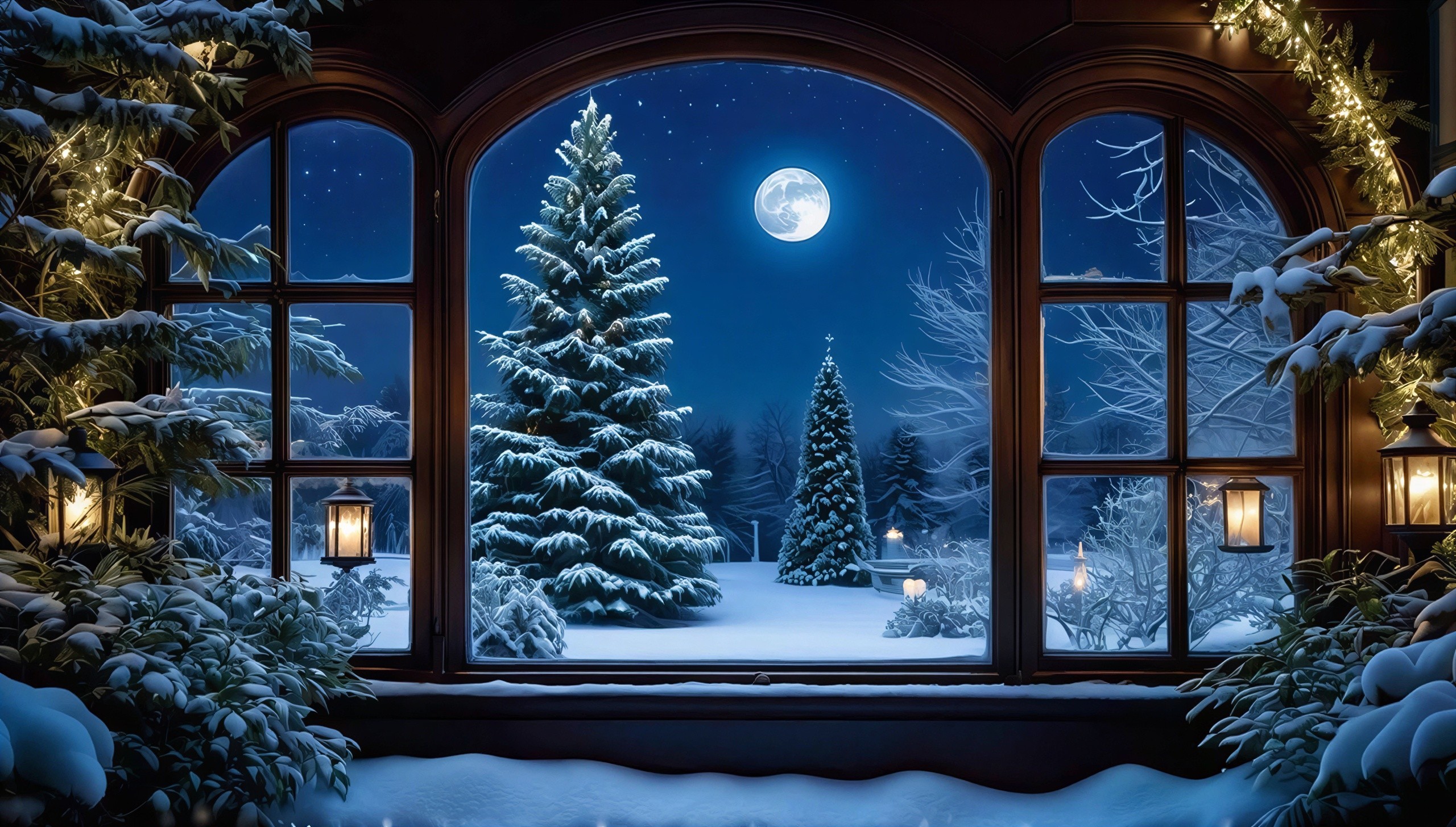 Cozy Winter Night View with Snowy Landscape and Moon