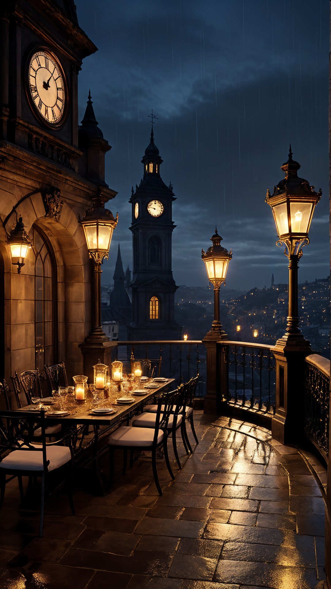 Romantic Balcony Dining with Lanterns and City Lights