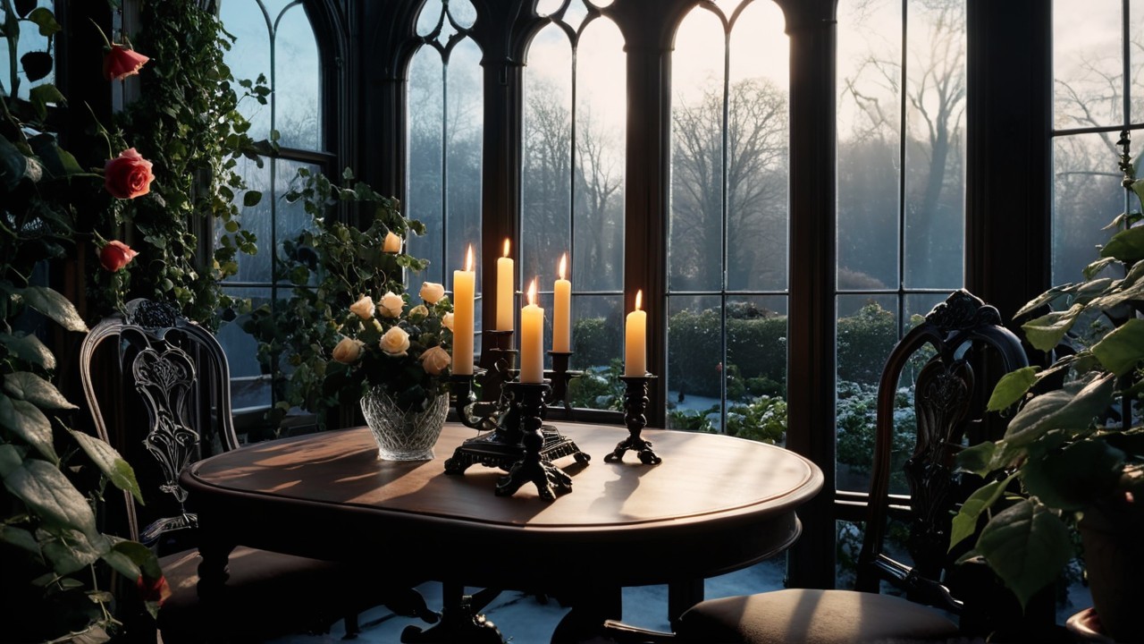 Gothic Conservatory with Candlelit Table and Roses