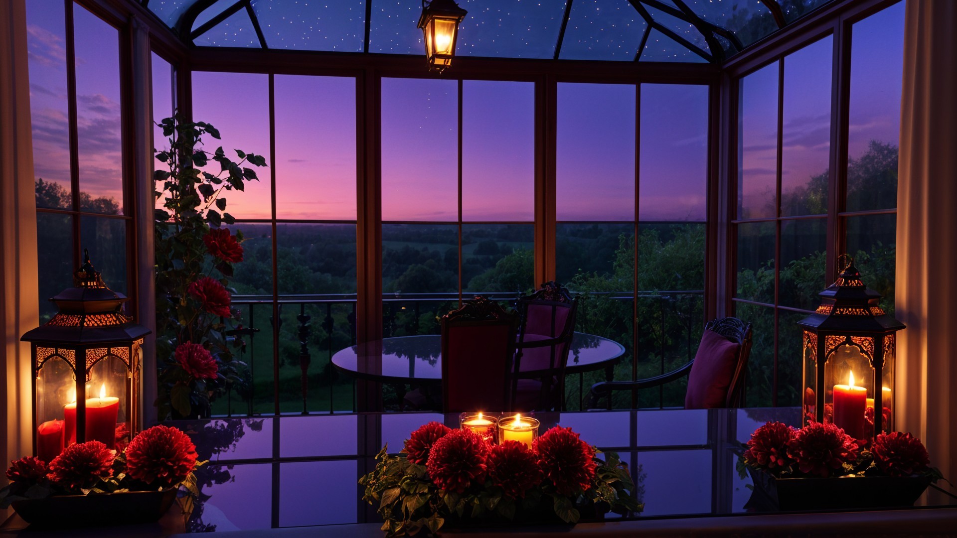 Serene Sunroom at Dusk with Vibrant Sky and Lanterns