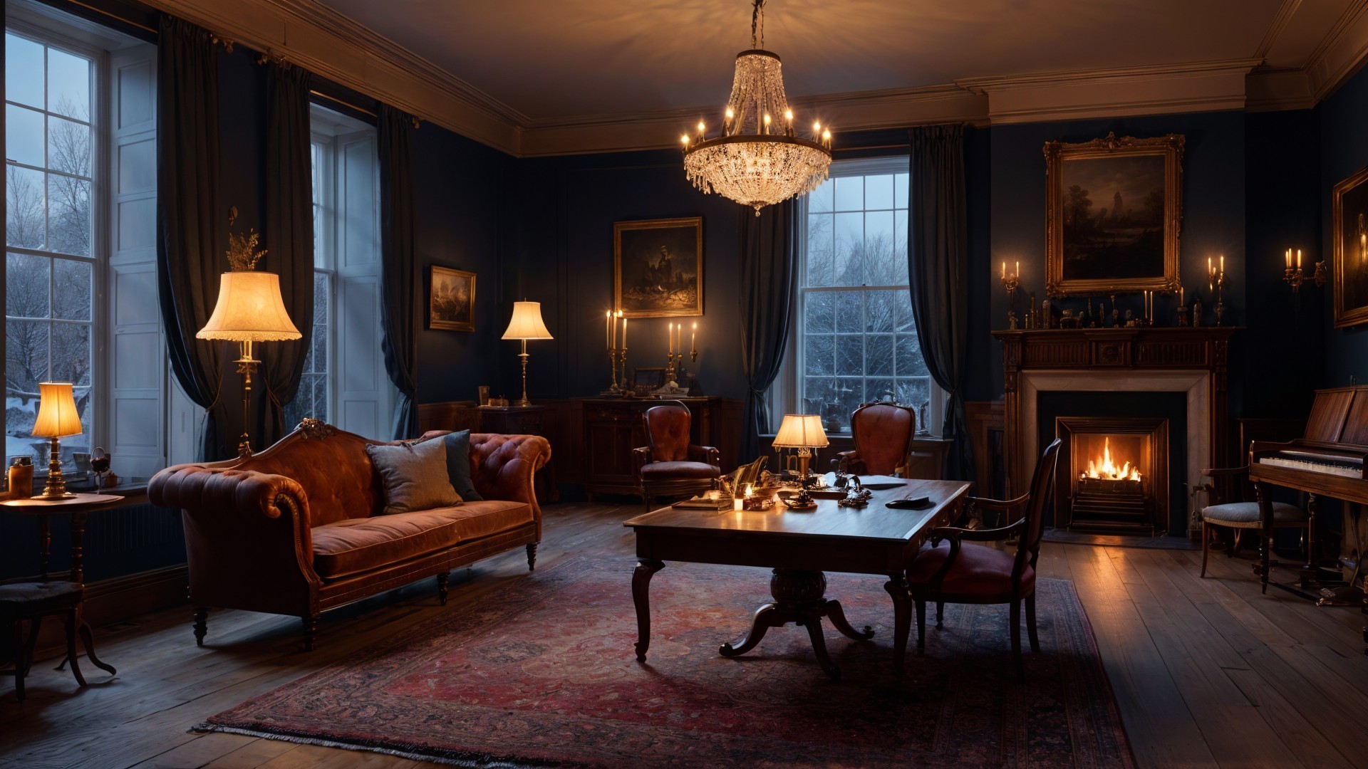 Elegant room with blue walls and natural light