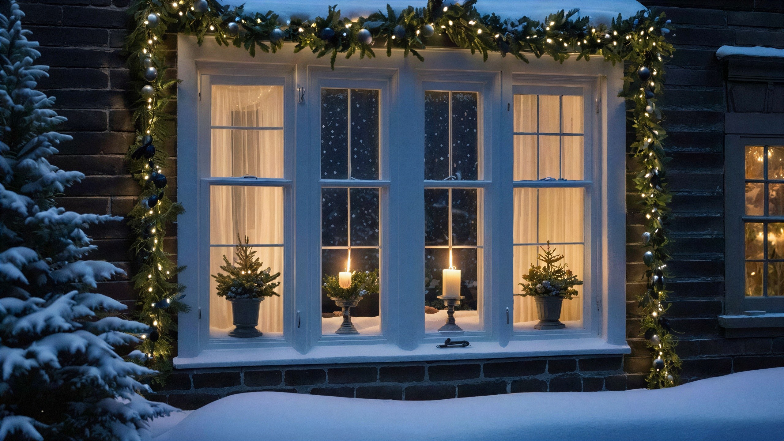 Cozy winter night scene with snow-covered house and tree