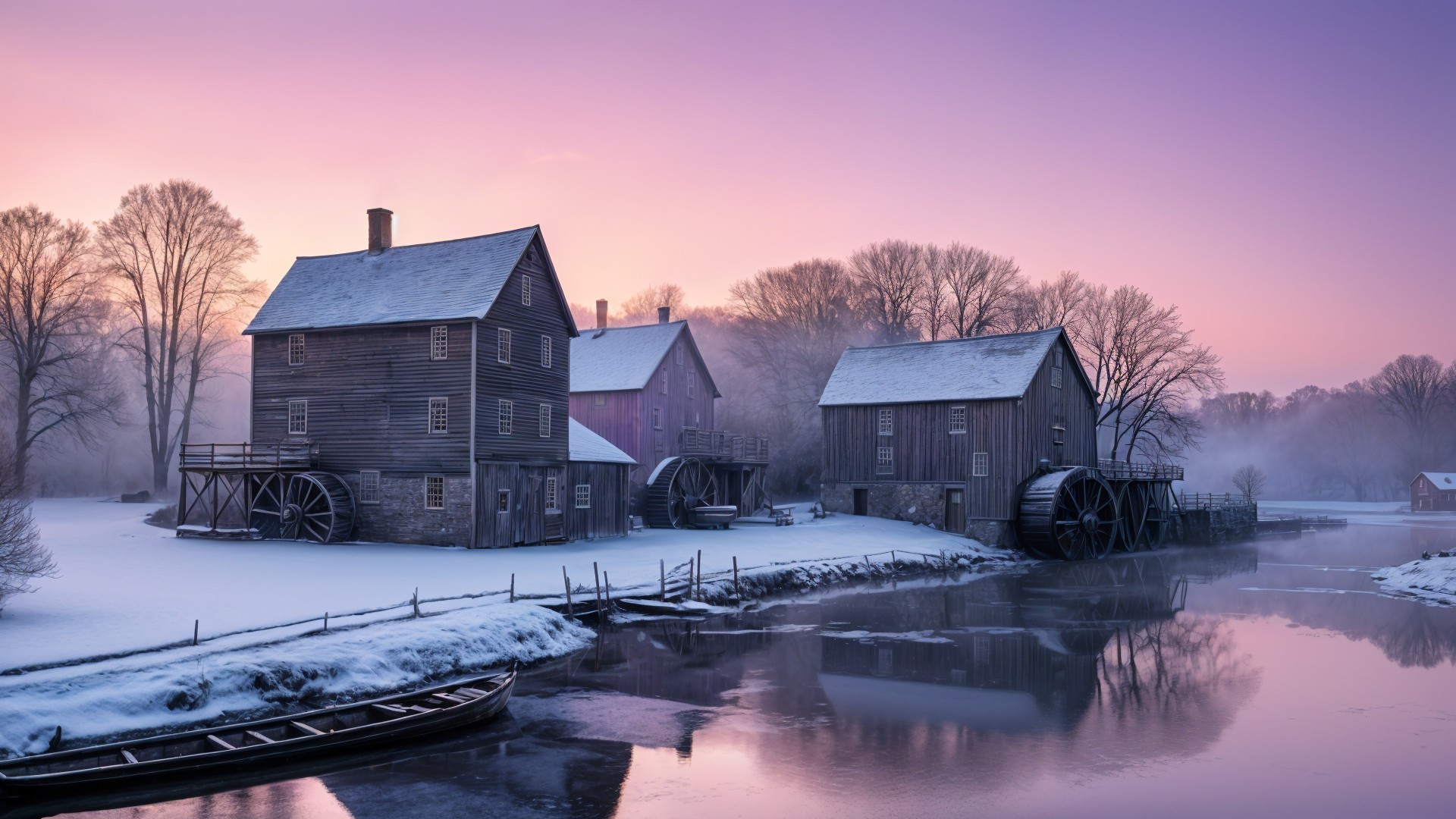 Serene Winter Scene with Historic Mills and River
