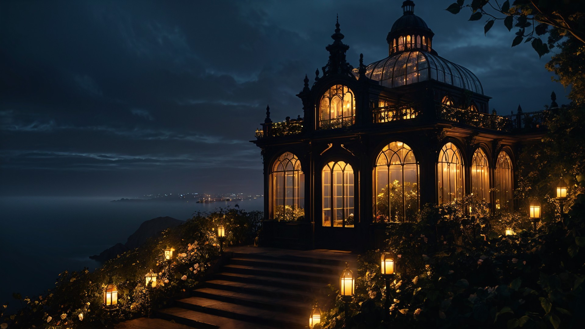 Glasshouse on a cliff with sea views and lanterns