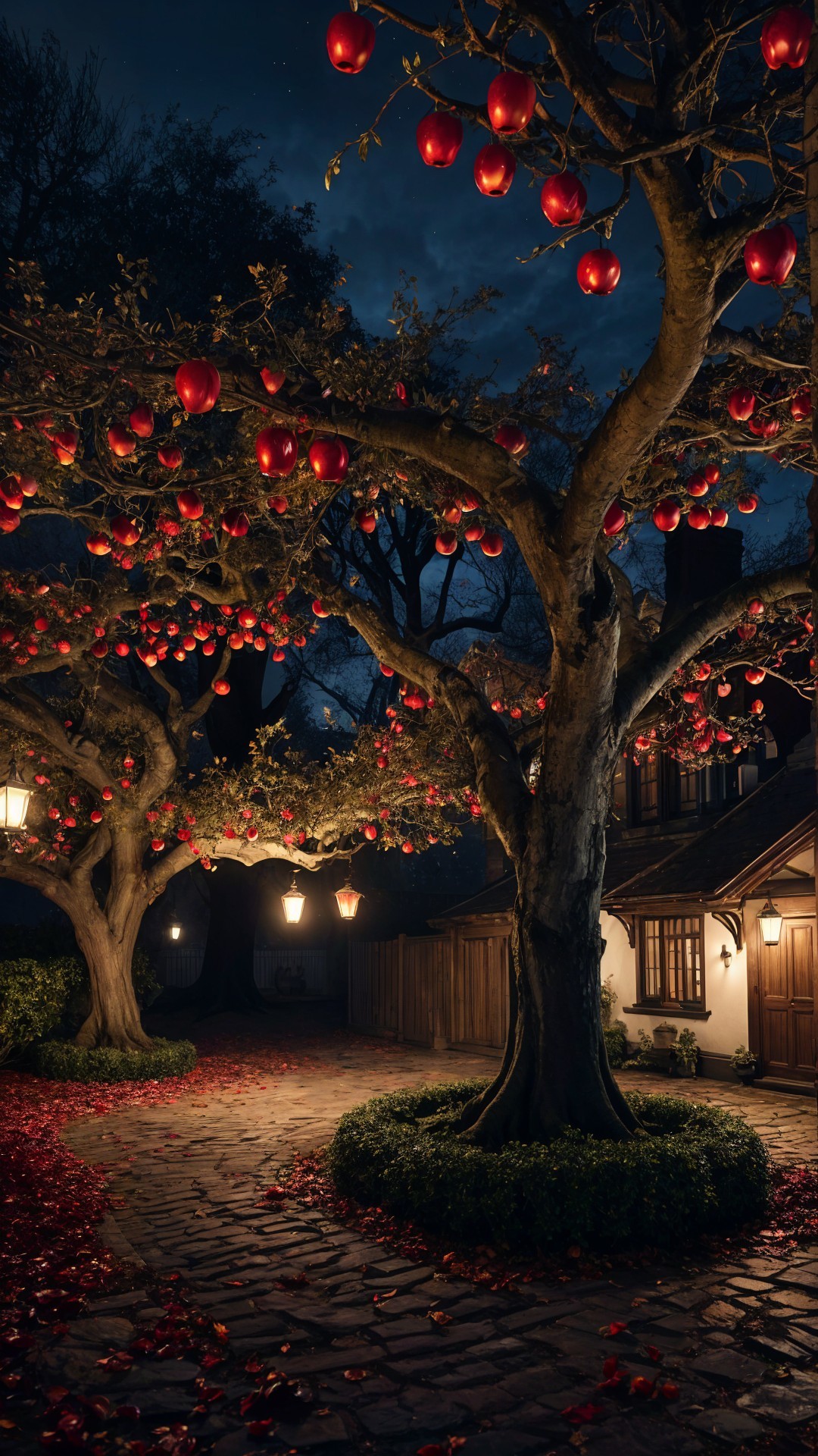 Starlit Cottage with Apple Trees and Lanterns