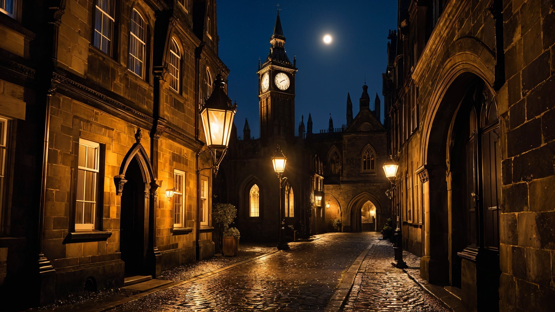 Nighttime Cobblestone Alley with Historic Architecture