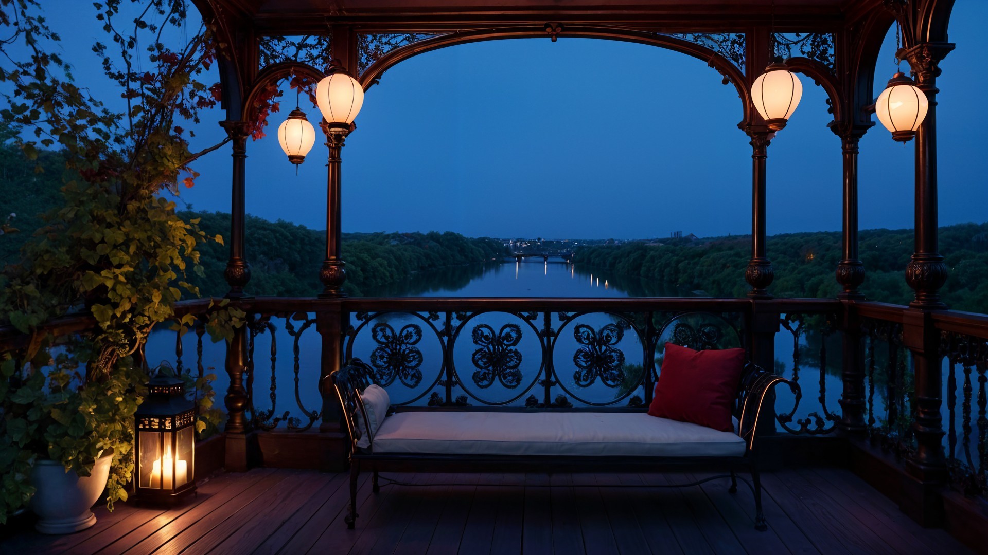 Gazebo by River at Dusk with Lanterns and Greenery