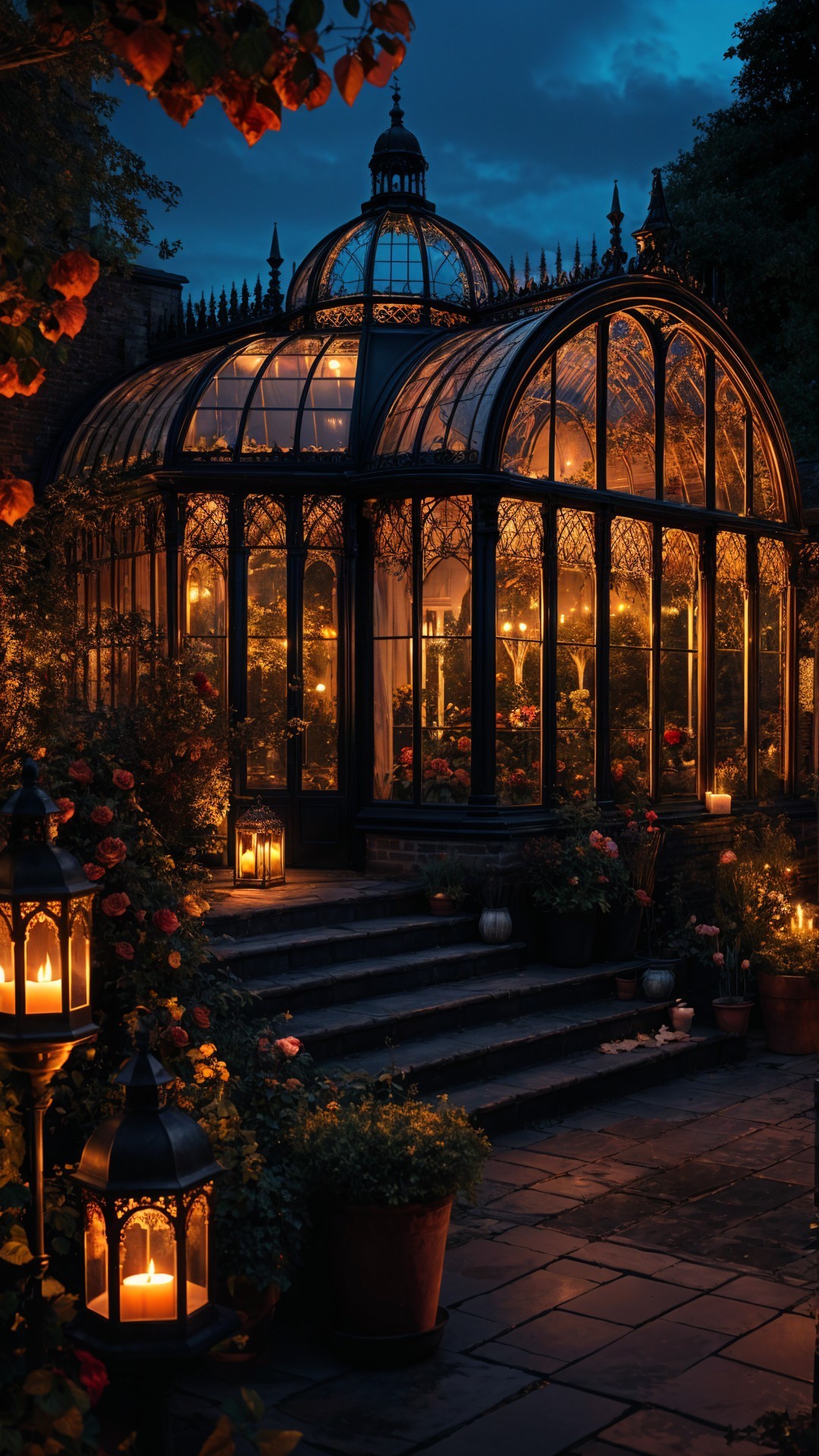 Illuminated Glass Conservatory Surrounded by Flowers