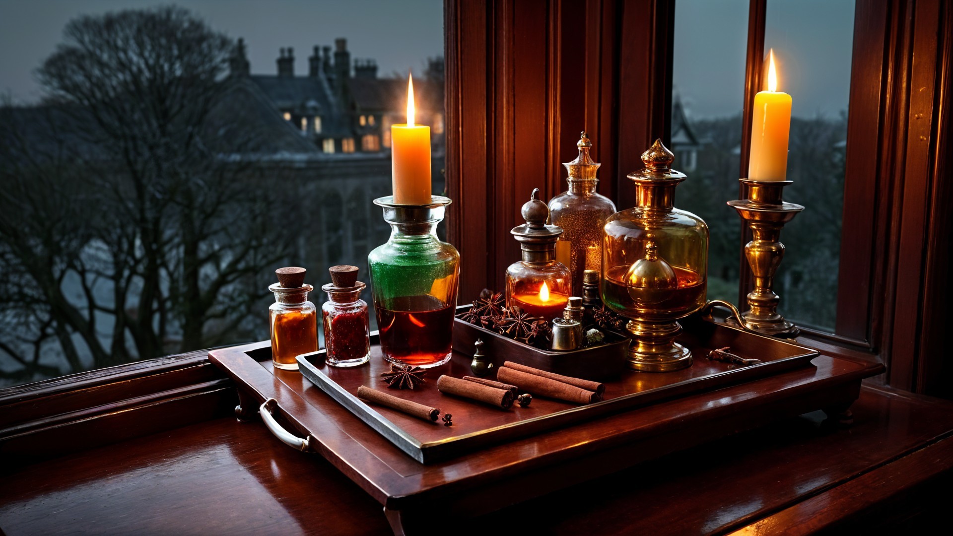 Antique Glass Bottles with Colorful Liquids and Candles