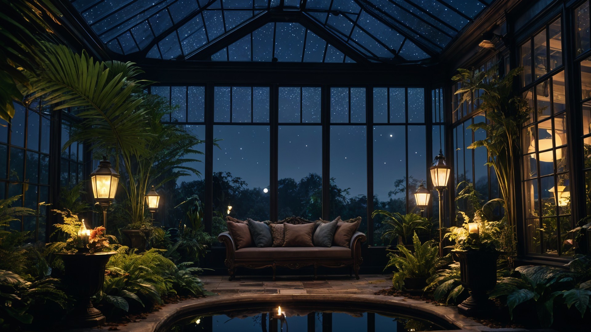 Serene Glass Greenhouse Under Starry Night Sky