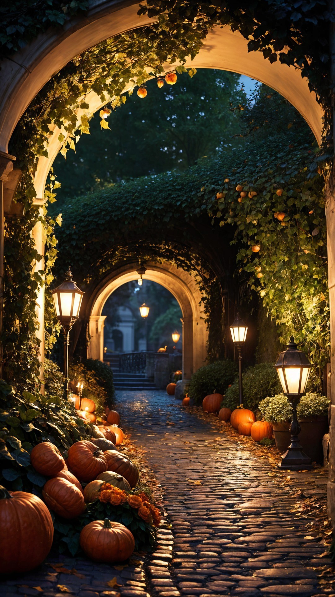 Illuminated Pathway with Lanterns and Pumpkins