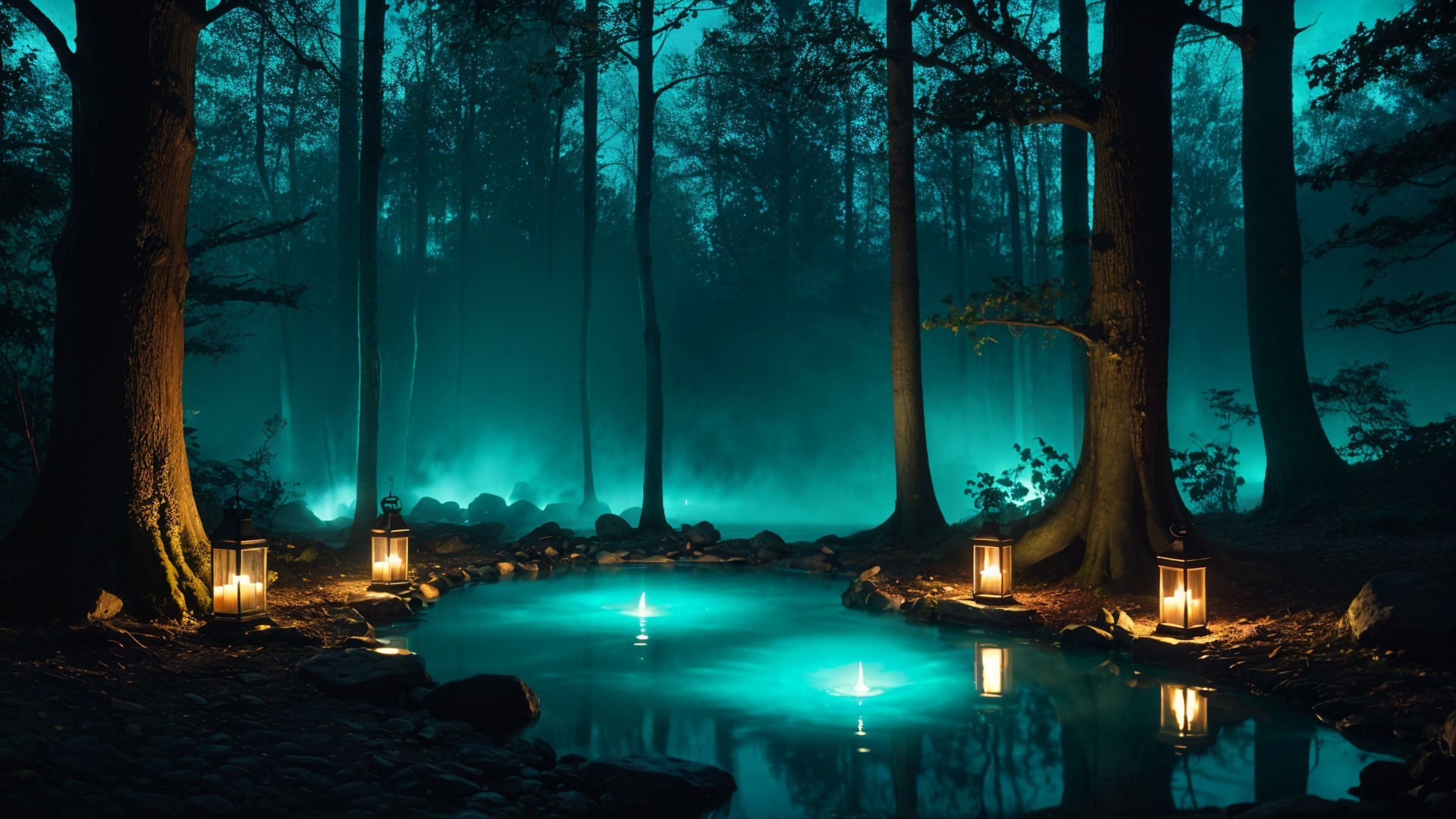 Serene forest scene with glowing lanterns and mist