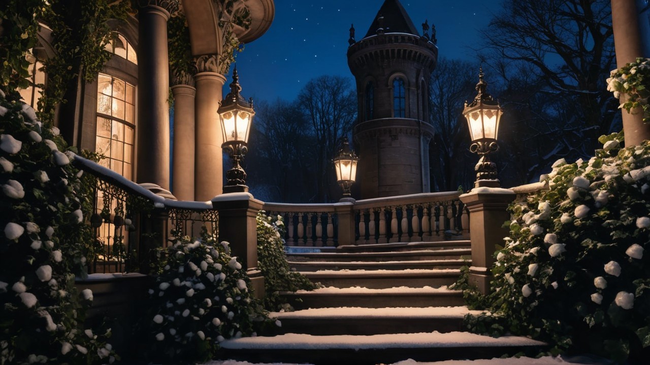 Nighttime View of a Grand Stone Building Entrance