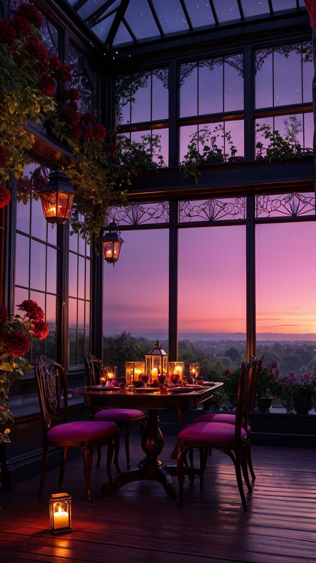 Twilight Glass Conservatory with Flowers and Lanterns