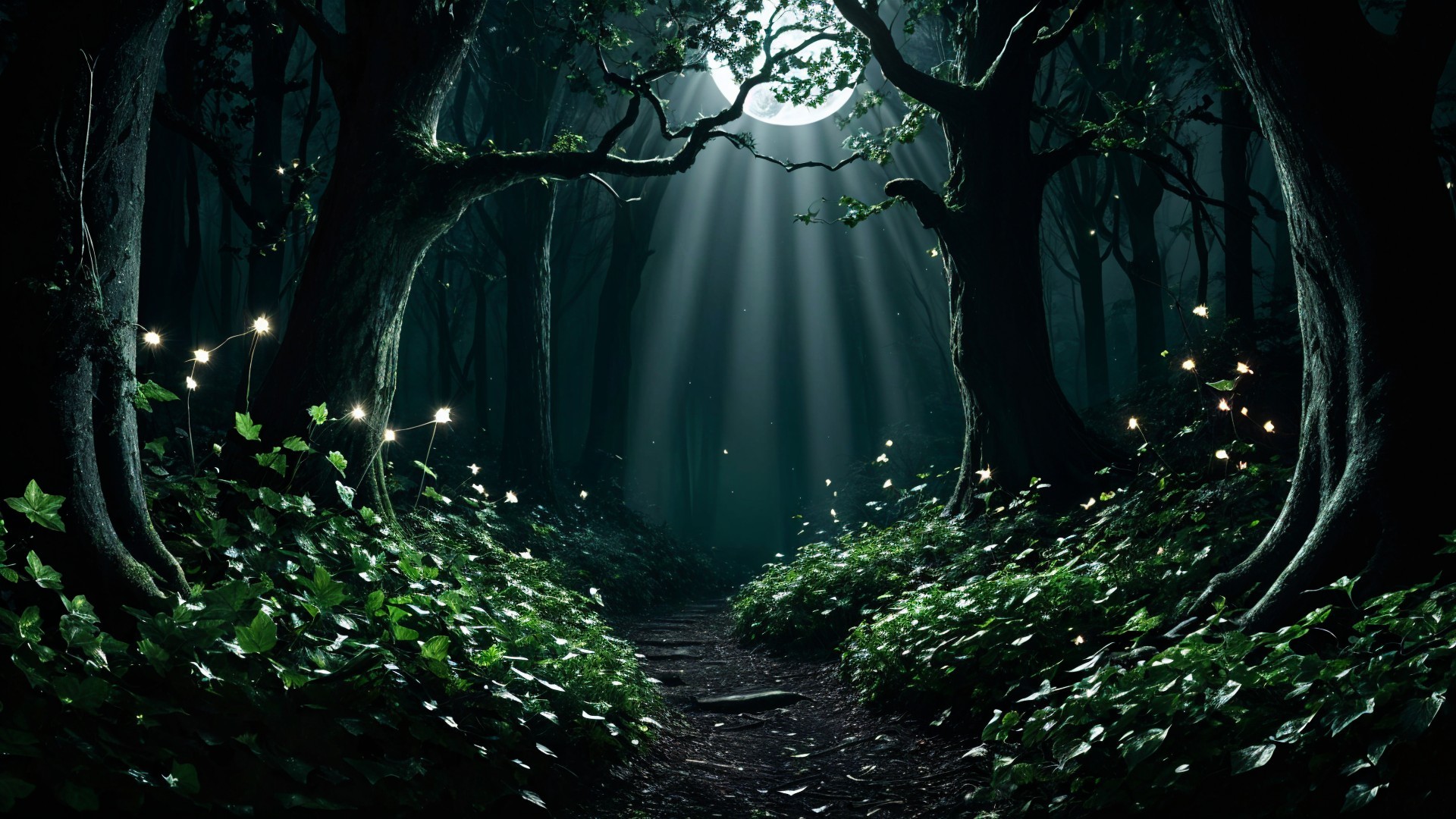 Mystical Forestscape Illuminated by Moonlight