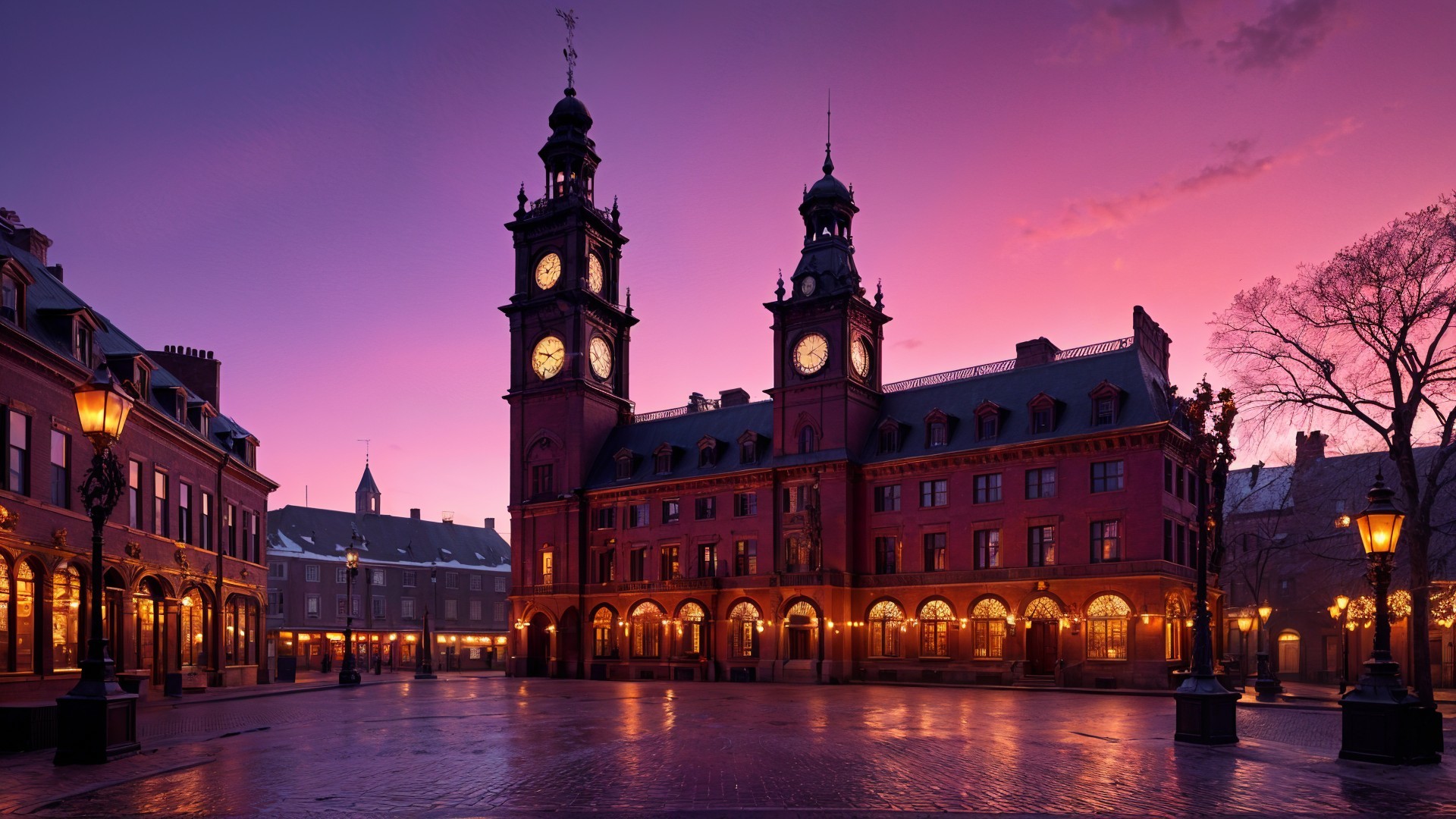 Historic building with twin clock towers at twilight