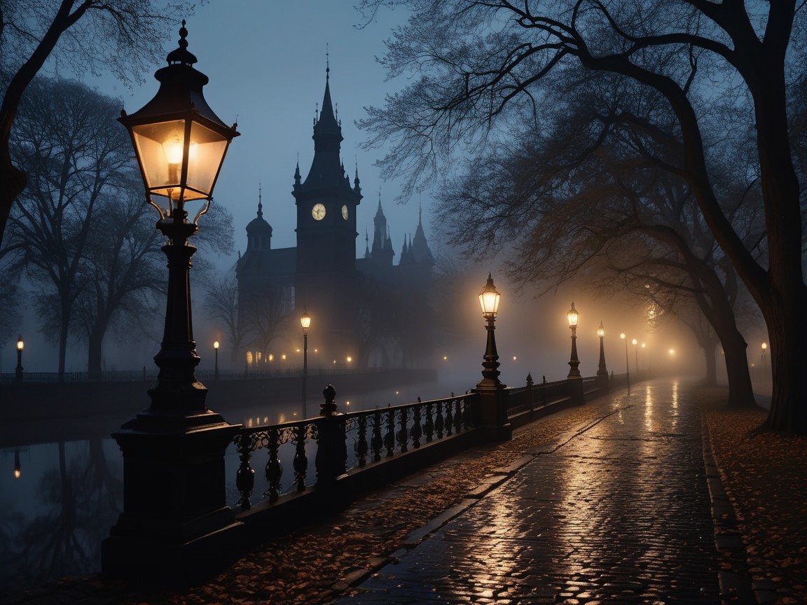 Misty Pathway with Vintage Lamps and Gothic Building