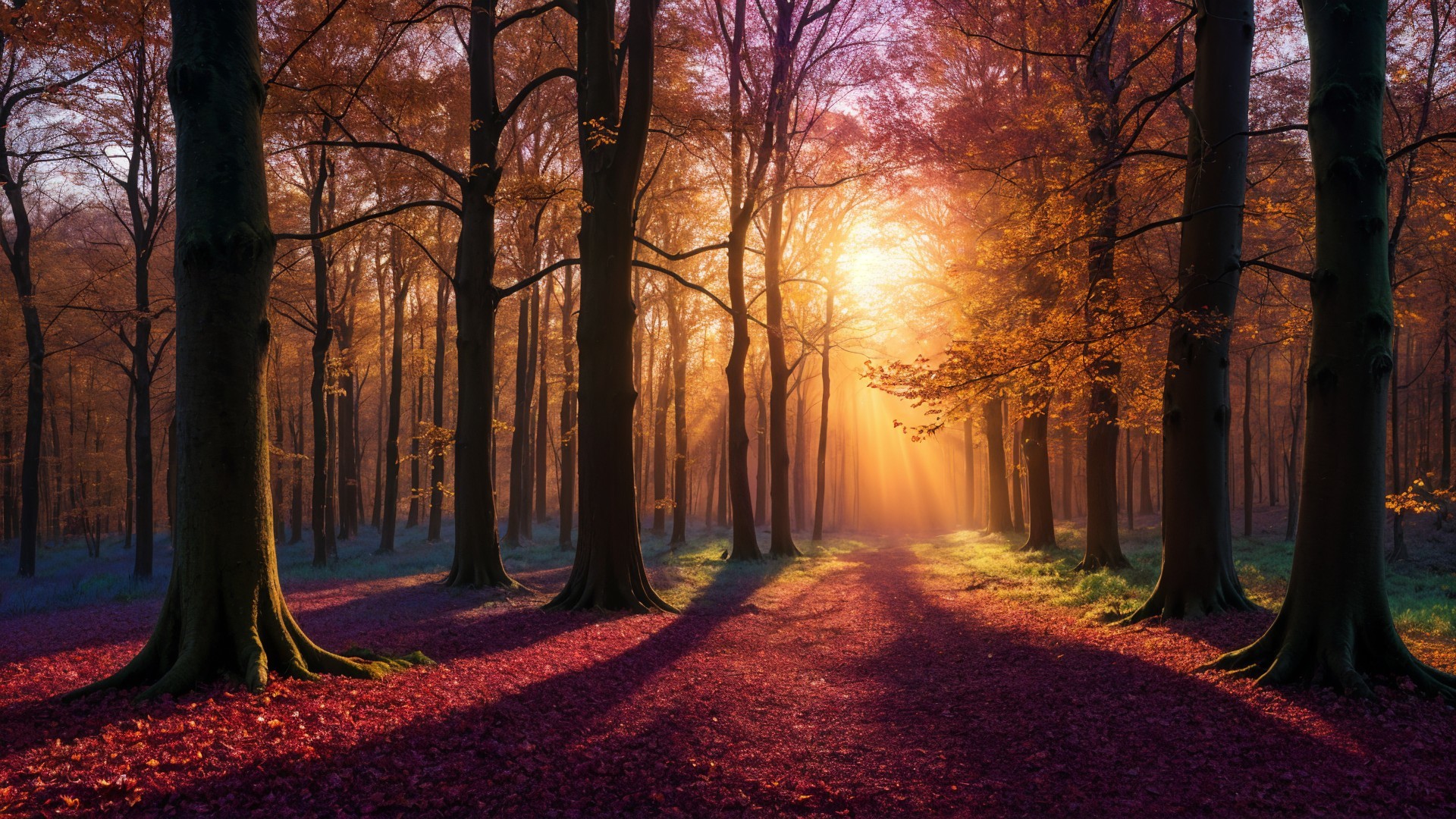 Tranquil Forest Scene with Autumn Colors and Light
