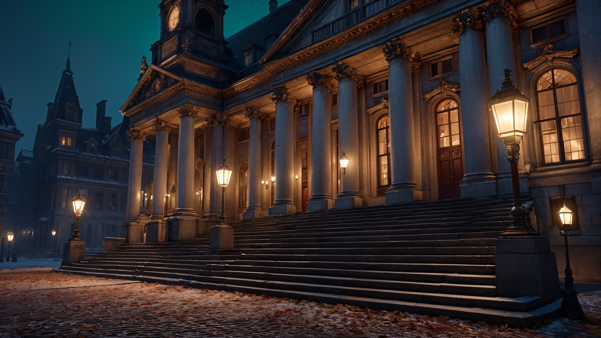 Grand historical building illuminated at dusk