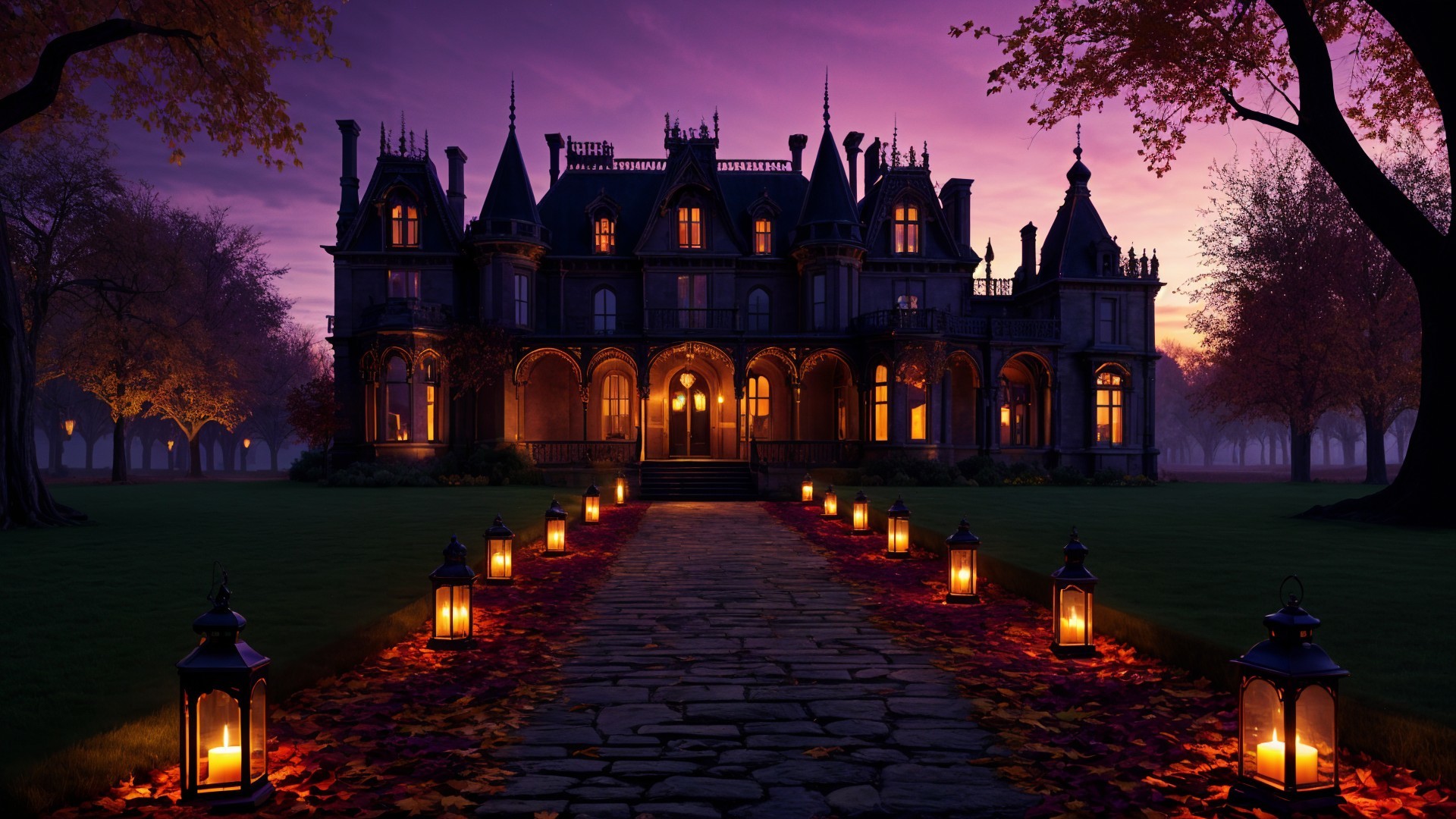 Gothic Mansion at Twilight with Lanterns and Foliage