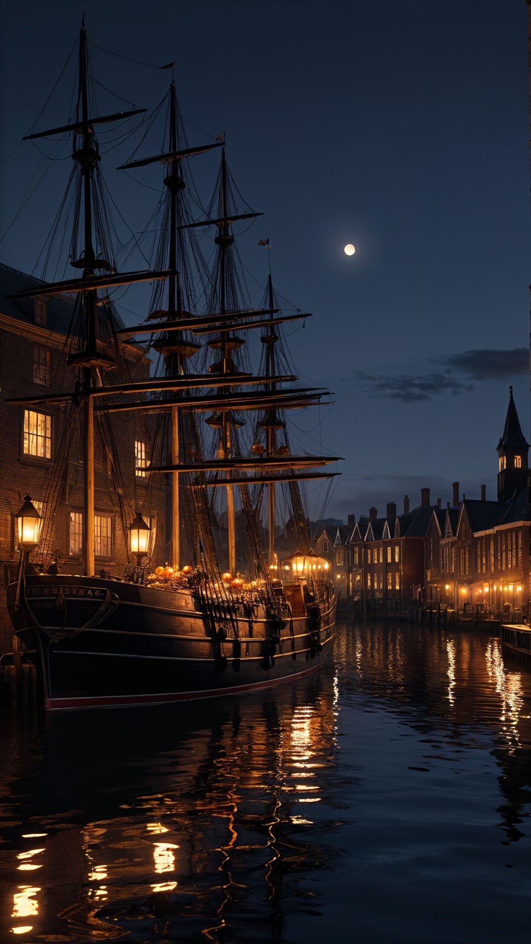 Tranquil Night Harbor with Tall Ship and Historic Buildings