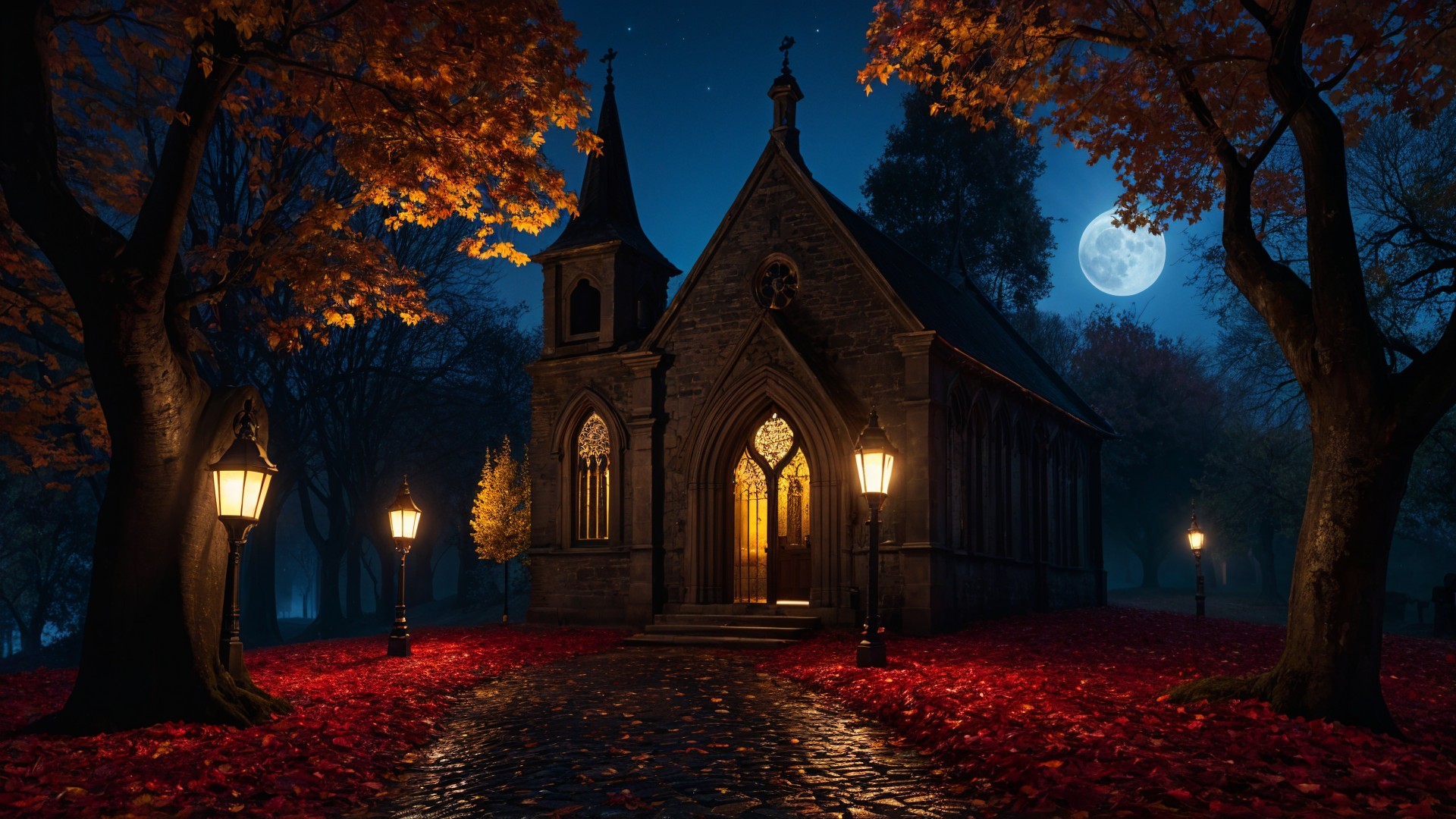 Mystic Night Scene with Chapel and Autumn Foliage