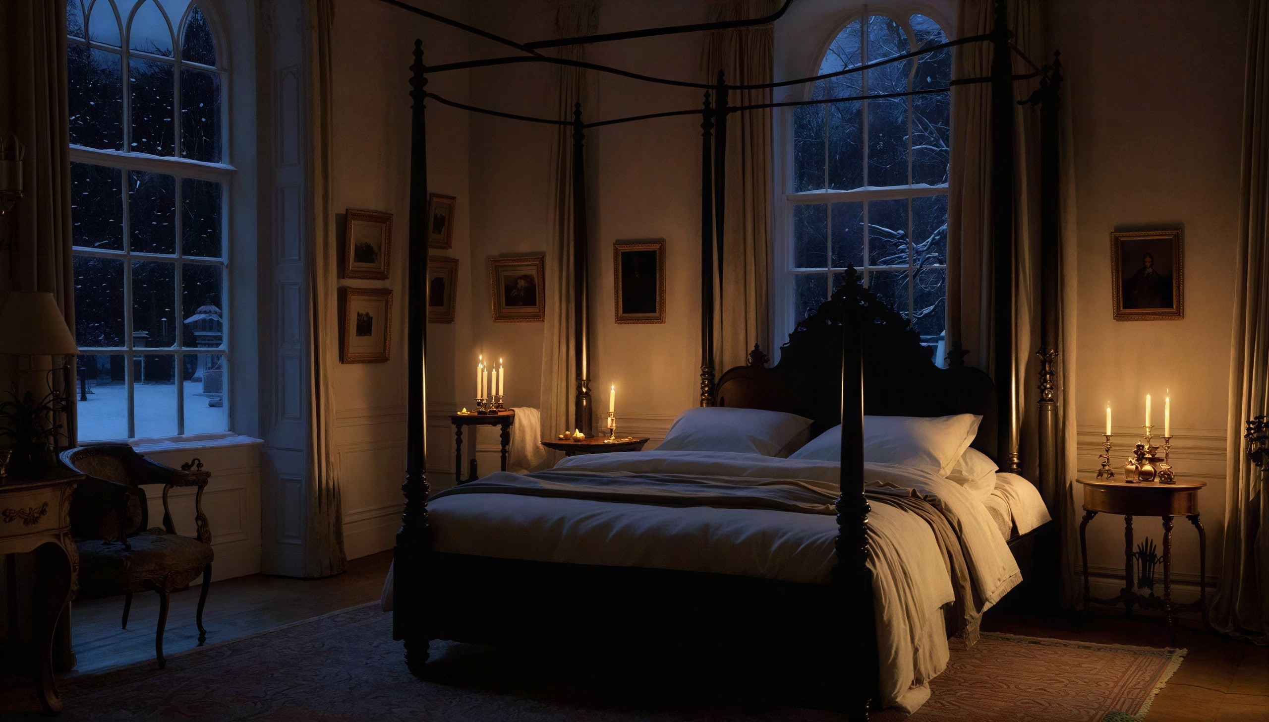 Old-Fashioned Bedroom with Four-Poster Bed and Candles