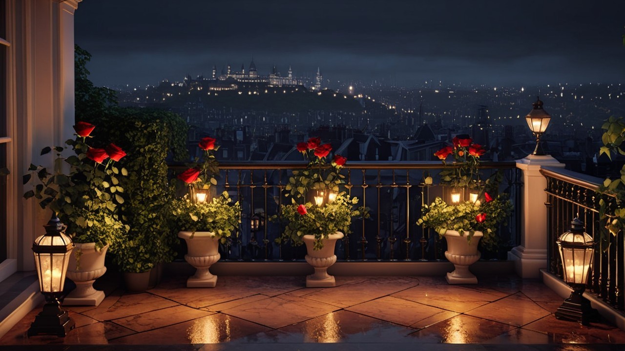 Serene Night Balcony with Blooming Roses and Lanterns